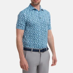 FootJoy Shadow Palm Print Pique Golf Polo Shirt -Golf Apparel Store FootJoy SS22 Shadow Palm Print Pique Golf Polo Shirt Ink Dusk Blue 88375 model 1
