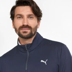 Puma Gamer Colour Block 1/4 Zip Golf Popover -Golf Apparel Store PUMA SS22 Gamer Colorblock 1 4 Zip Sweater Code 532985 02 SWPUM236 M Navy Blazer Bright White Model 2