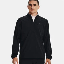 Under Armour Storm Windstrike 1/2 Zip Golf Wind Top -Golf Apparel Store Under Armour AW22 Storm Windstrike 1 2 Zip Wind Top 1370156 001 WTUND084 S Black Jet Gray Model 1