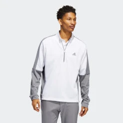 Adidas Colour Block 1/4 Zip Golf Sweater -Golf Apparel Store adidas SS22 Colour Block 1 4 Zip Golf Sweater White HM2587 Model 1